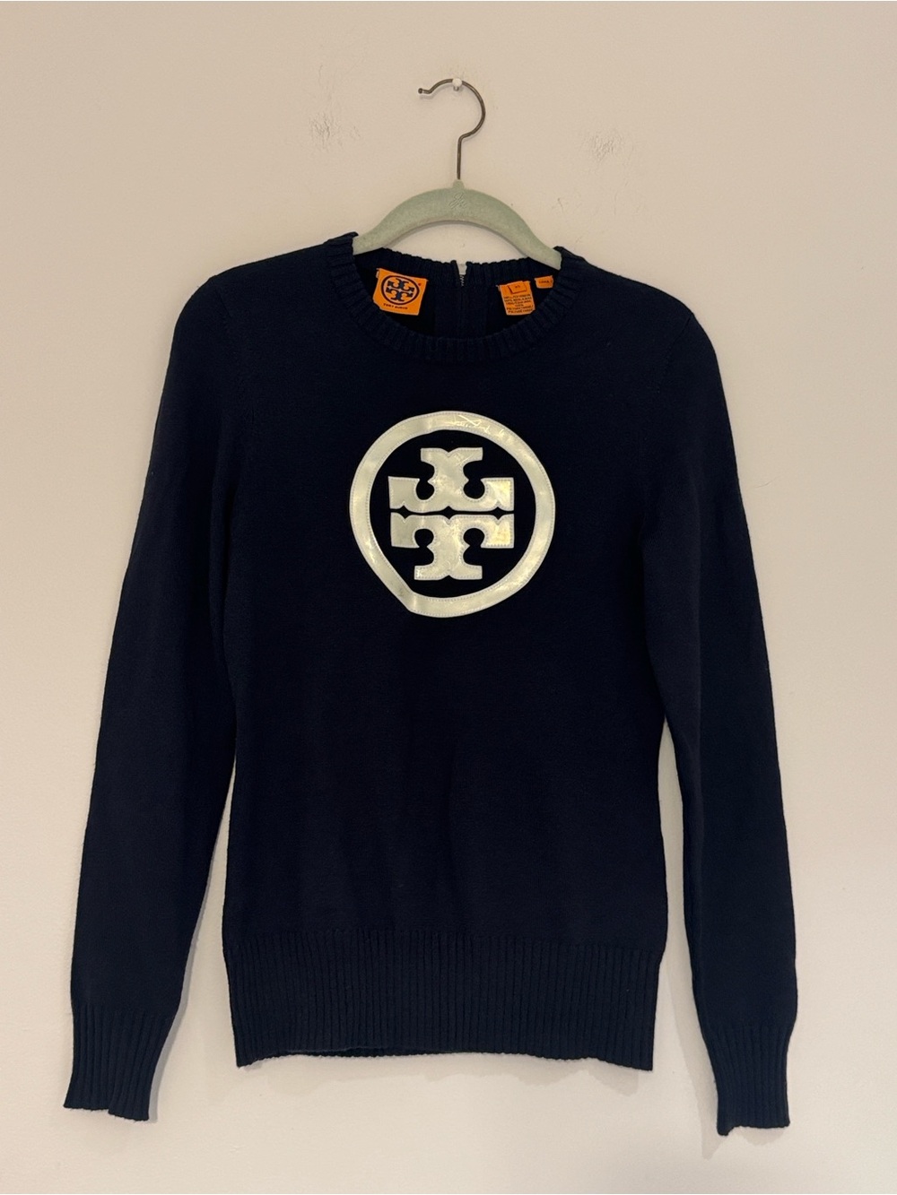 Tory Burch Navy Logo Sweater with Silver Logo Emblem